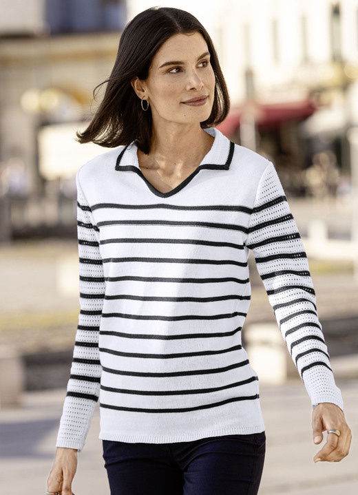 Langarm - Pullover mit nachhaltig recycelter Baumwolle Langarm - Pullover mit nachhaltig recycelter Baumwolle, in Größe 036 bis 052, in Farbe WEISS-MARINE