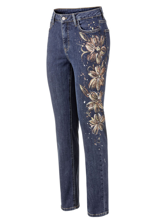 Hosen mit Knopf- und Reissverschluss - Edel-Jeans mit handbemalten, floralen Motiven, in Größe 017 bis 052, in Farbe DUNKELBLAU Ansicht 1