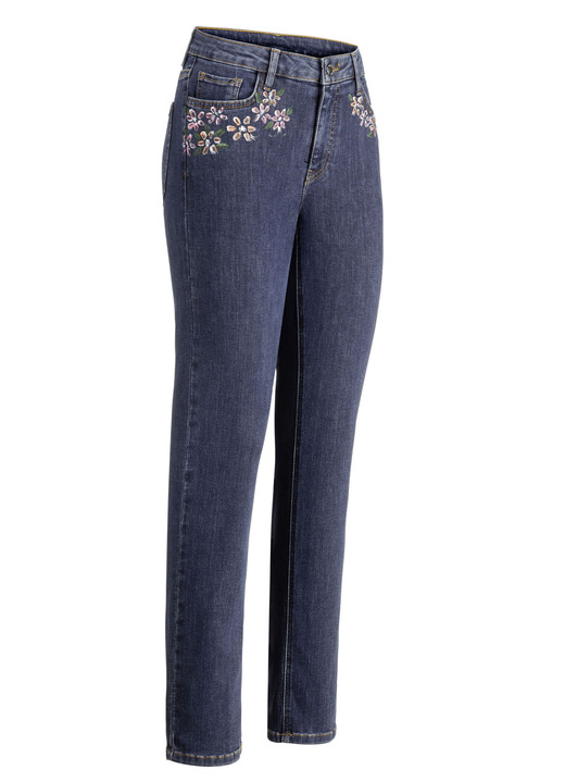 Hosen mit Knopf- und Reissverschluss - Jeans mit handbemalten, floralen Motiven, in Größe 017 bis 052, in Farbe DUNKELBLAU Ansicht 1
