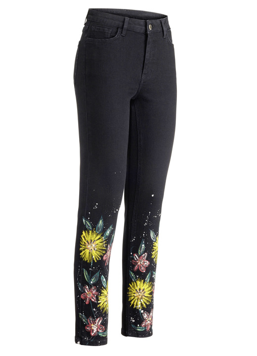Hosen mit Knopf- und Reissverschluss - Jeans mit handbemalten, floralen Motiven Hosen mit Knopf- und Reissverschluss - Jeans mit handbemalten, floralen Motiven, in Größe 017 bis 052, in Farbe SCHWARZ
