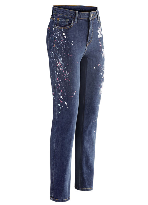 Hosen - Jeans mit handbemalten, floralen Motiven, in Größe 017 bis 052, in Farbe DUNKELBLAU Ansicht 1
