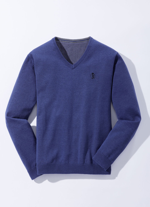 Uni - Modischer V-Pullover in 6 Farben, in Größe 046 bis 062, in Farbe DUNKELBLAU MELIERT Ansicht 1