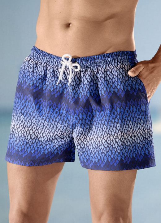 Badeshorts - Badeshorts allover dessiniert, Microfaser, in Größe 004 bis 012, in Farbe ROYALBLAU-BUNT