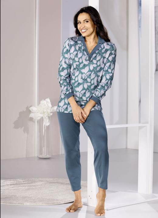 Pyjamas & Shortys - Schlafanzug, Langarm mit Ein-Knopfverschluss und knöpfbaren Bündchen, in Größe 036 bis 054, in Farbe PETROL-SALBEI