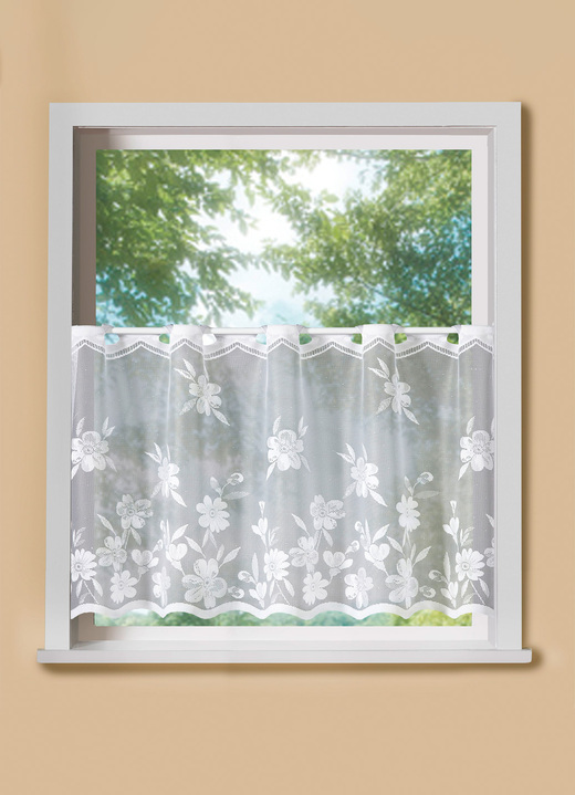 Kurzgardinen - Kurzvorhang Blumenranke mit Stangendurchzug, in Größe 660 (H30xB100 cm) bis 876 (H50xB150 cm), in Farbe WEISS Ansicht 1