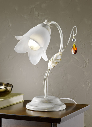 Tischlampe mit Gestell aus Eisen und Glaslampenschirm