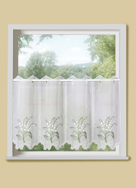 Kurzgardinen - Kurzvorhang mit Stangendurchzug und gebogtem Abschluss, in Größe 786 (H45xB 85 cm) bis 788 (H45xB115 cm), in Farbe WEISS
