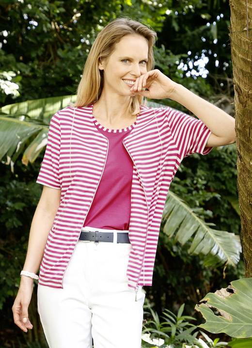 Shirts - Shirtjacke mit garngefärbtem Ringeldessin, in Größe 038 bis 046, in Farbe FUCHSIA-WEISS Ansicht 1