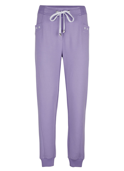 Hosen - Hose im Joggpant-Style, in Größe 038 bis 052, in Farbe LILA-WEISS Ansicht 1