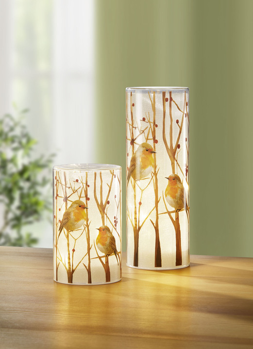Geschenkideen - LED-Windlicht mit Rotkehlchen-Motiv, 2er-Set, in Farbe WEISS-BRAUN