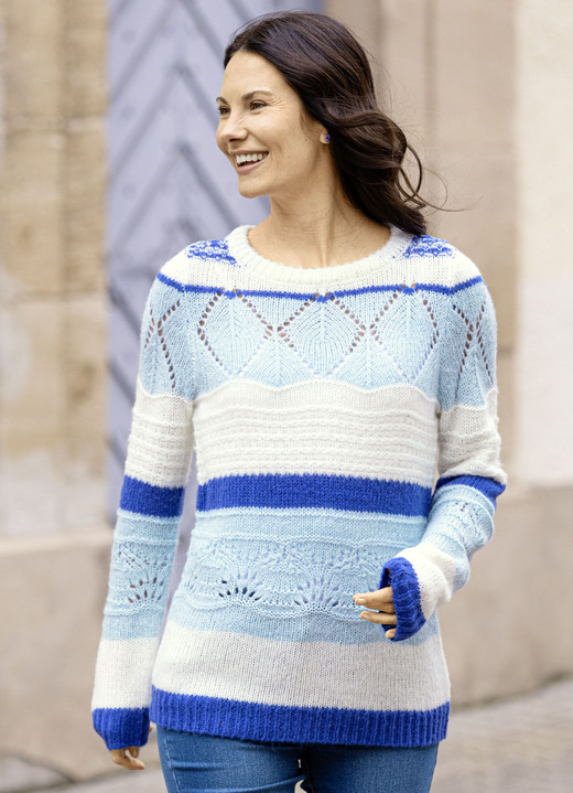 Langarm - Pullover in superflauschiger Qualität, in Größe L(44/46) bis XS(32/34), in Farbe ECRU-ROYALBLAU-BLEU Ansicht 1