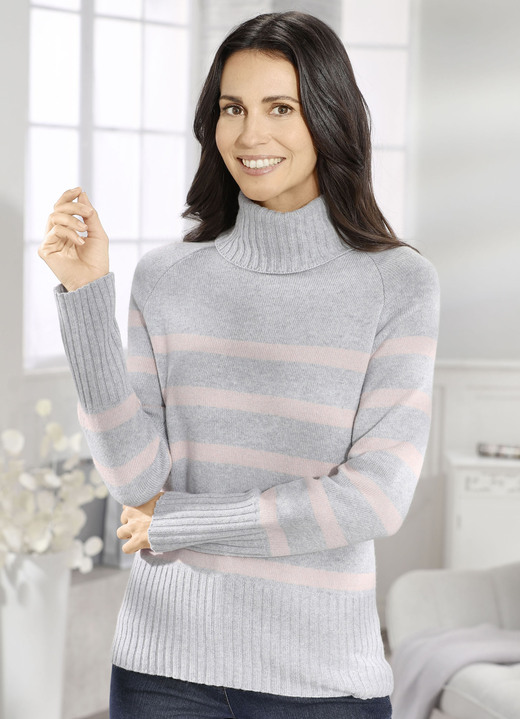 Langarm - Pullover mit Kaschmir-Anteil Langarm - Pullover mit Kaschmir-Anteil, in Größe 036 bis 052, in Farbe GRAU MELIERT-ROSÉ