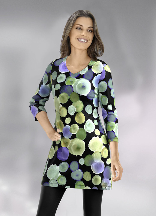 3/4-Arm - Longshirt mit farbbrillantem Allover-Druck, in Größe 040 bis 050, in Farbe SCHWARZ-LILA-GRÜN