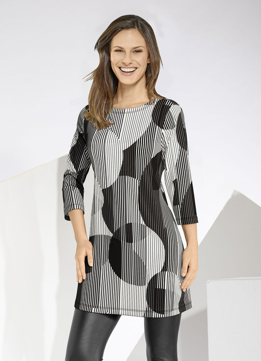 Shirts - Longshirt mit farbbrillantem Allover-Druck, in Größe 038 bis 052, in Farbe SCHWARZ-WEISS