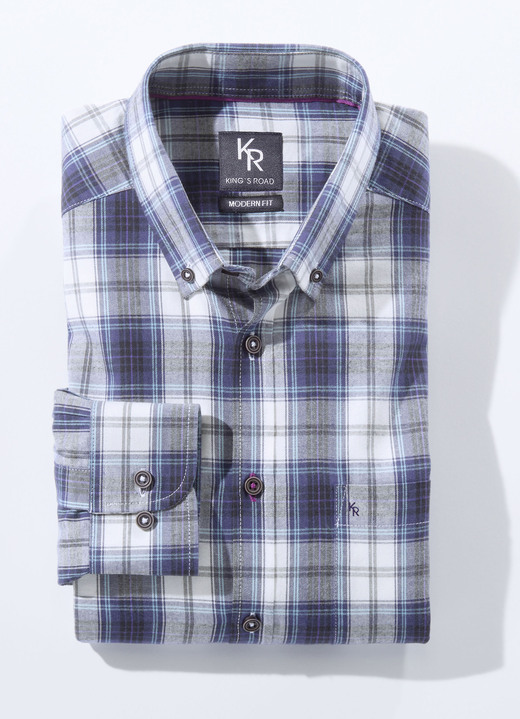 Langarm - Hemd von «King's Road» mit Button-Down-Kragen in 3 Farben, in Größe 3XL(47/48) bis XXL(45/46), in Farbe DUNKELLILA-ECRU Ansicht 1