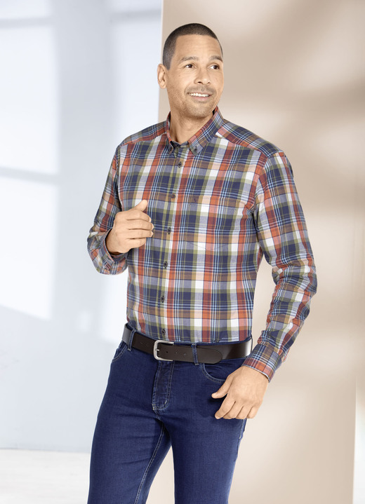 Langarm - «King's Road»-Hemd mit Button-Down-Kragen, in Größe 3XL(47/48) bis XXL(45/46), in Farbe TERRAKOTTA-DUNKELBLAU-GRÜN Ansicht 1