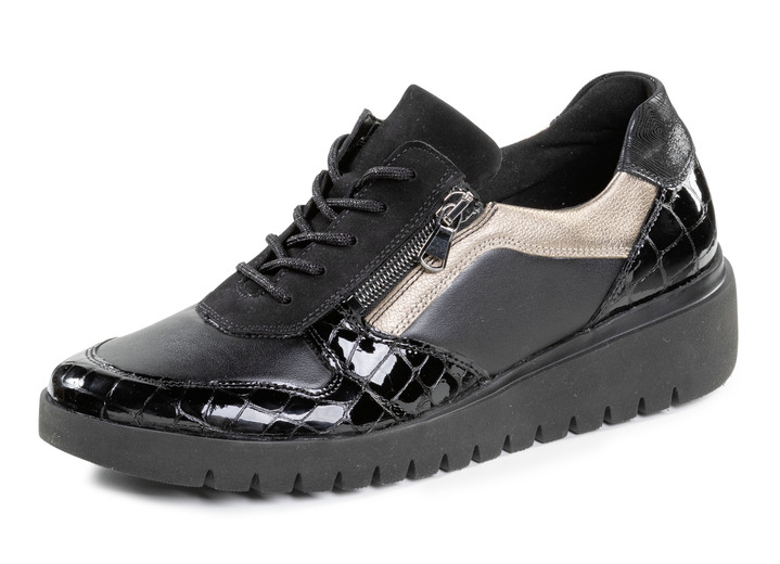 Slipper & Schnürschuhe - Schnür-Sneaker aus Nappaleder , in Größe 035 bis 080, in Farbe SCHWARZ-ALTGOLD Ansicht 1