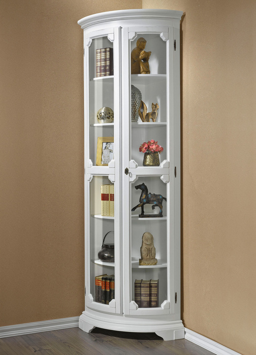 Möbel - Teilmassive Eckvitrine mit gebogenen Glastüren mit Schloss, in Farbe WEISS, in Ausführung klein, 1-türig Ansicht 1