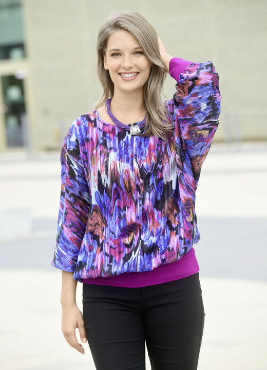 Langarm - Poncho-Tunika mit eingearbeitetem Top, in Größe 036 bis 052, in Farbe LILA-FUCHSIA-WEISS-BUNT