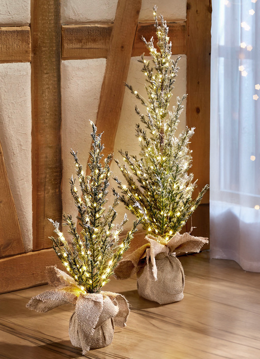 - Beleuchteter Tannenbaum in Jutesäckchen, in Farbe GRÜN, in Ausführung mit 90 LED-Lämpchen, Höhe ca. 60 cm