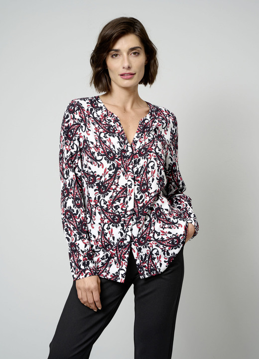 Langarm - Bluse, in Größe 038 bis 052, in Farbe SCHWARZ-ROT-WEISS
