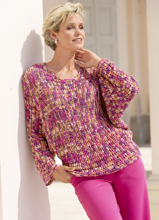 Langarm - Pullover aus hochwertigem Bändchengarn, in Größe L(44/46) bis XS(32/34), in Farbe PINK-LILA-MULTICOLOR