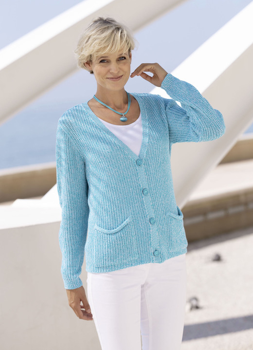 Strickjacken - Strickjacke in Perlfang , in Größe 036 bis 052, in Farbe AQUA MELIERT Ansicht 1