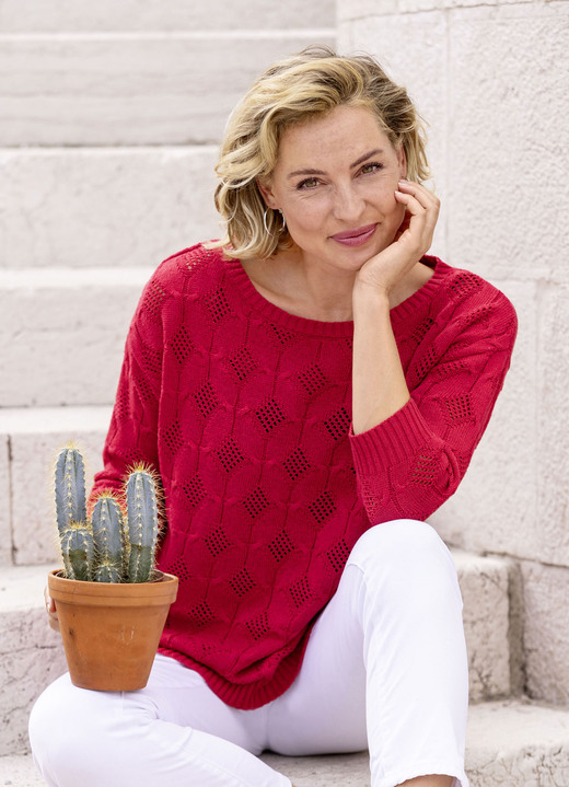 3/4-Arm - Pullover mit Rautendessin, in Größe 036 bis 052, in Farbe ROT Ansicht 1