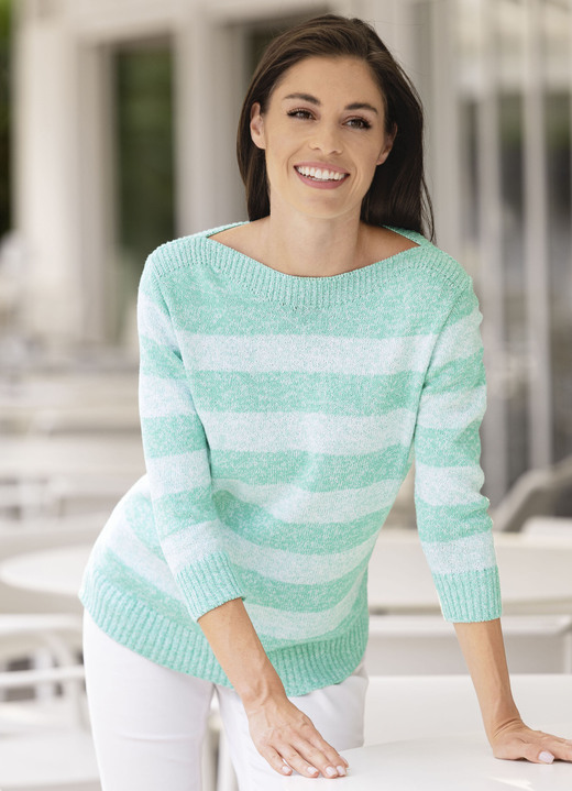 3/4-Arm - Pullover aus Melangegarn, in Größe 036 bis 052, in Farbe MINT-WEISS MELIERT