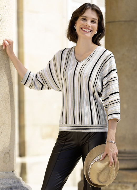 3/4-Arm - Pullover mit dezenten Glanzakzenten, in Größe 036 bis 052, in Farbe WEISS-GRAU-MULTICOLOR