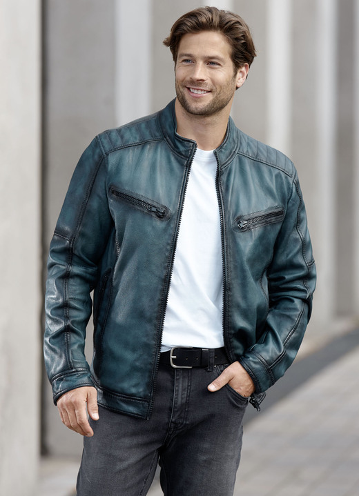 Lederjacken - Lederkurzjacke mit Zierstepp Lederjacken - Lederkurzjacke mit Zierstepp, in Größe 046 bis 062, in Farbe ANTIK PETROL