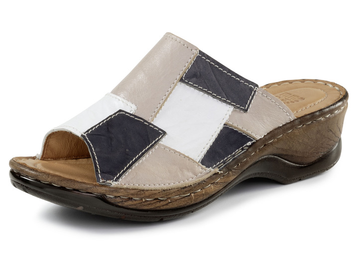 Sandaletten & Pantoletten - ELENA EDEN Pantolette mit dezenter Knitter-Struktur, in Größe 036 bis 041, in Farbe TAUPE-MARINE-WEISS Ansicht 1
