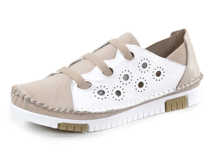 Slipper & Schnürschuhe - Gemini Mokassin-Slipper mit dezenter Knitter-Struktur, in Größe 036 bis 042, in Farbe TAUPE-WEISS Ansicht 1