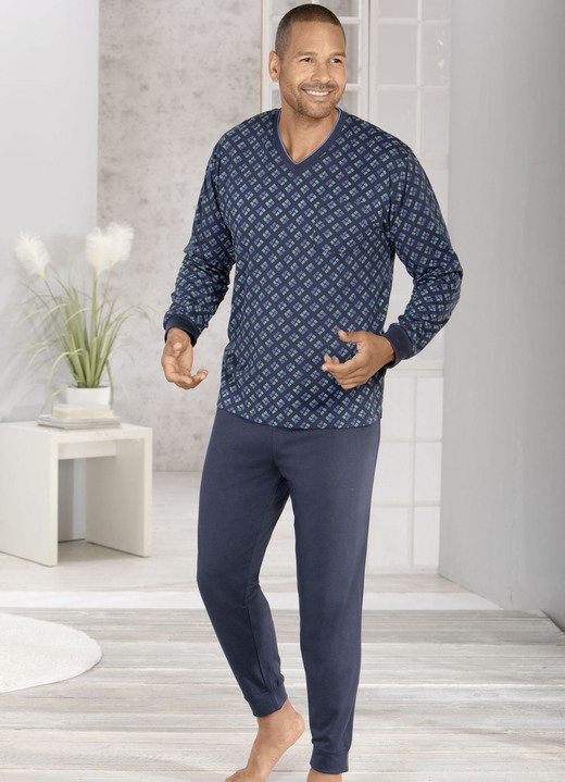 Pyjamas - Schlafanzug mit V-Ausschnitt und Bündchenabschlüssen, in Größe 046 bis 062, in Farbe MARINE-BUNT