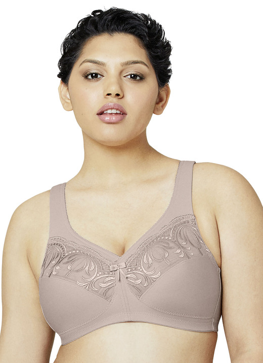 Damenunterwäsche - Glamorise Stütz-BH mit Stickereispitze, in Größe 080 bis 130, in Cup H, in Farbe TAUPE Ansicht 1