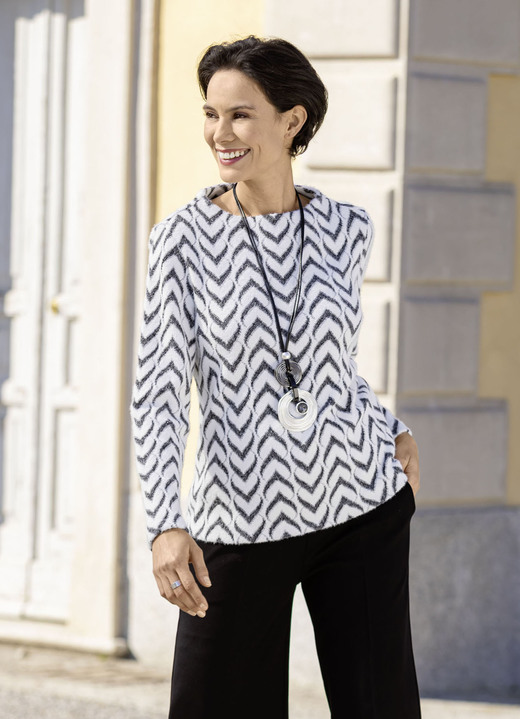 Langarm - Flauschige Shirt-Tunika von laurakent, in Größe 036 bis 052, in Farbe ECRU-SCHWARZ Ansicht 1