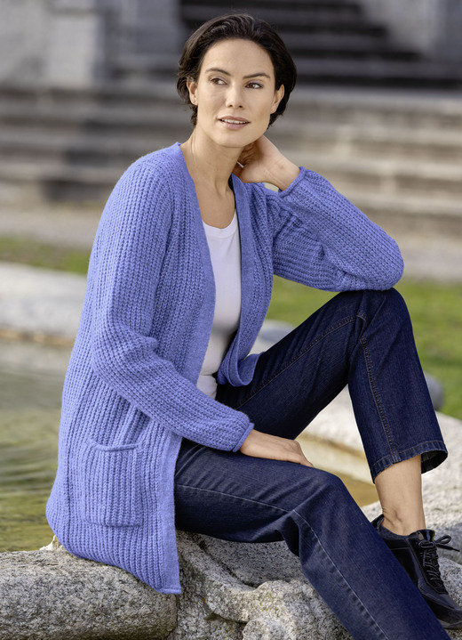 Strickjacken - Long-Strickjacke in Perlfang, in Größe L(44/46) bis XXL(52/54), in Farbe JEANSBLAU MELIERT Ansicht 1