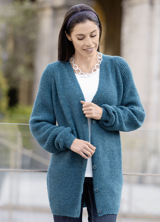Strickjacken - Long-Strickjacke in Perlfang Strickjacken - Long-Strickjacke in Perlfang, in Größe 038 bis 054, in Farbe PETROL MELIERT