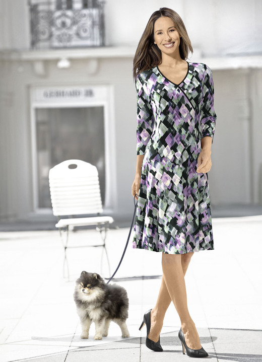 Langarm - Kleid in Wickeloptik Langarm - Kleid in Wickeloptik, in Größe 036 bis 552, in Farbe SCHWARZ-FLIEDER-MINT-BUNT