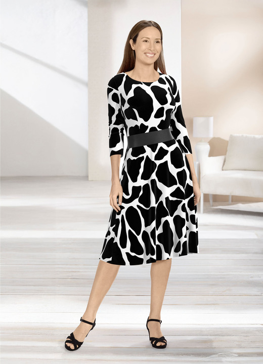 Kleider - Kleid mit breitem Kunstleder-Einsatz, in Größe 019 bis 054, in Farbe SCHWARZ-WEISS