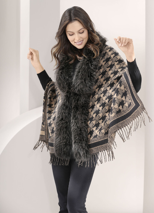 Ponchos - Poncho mit trendstarkem Hahnentritt-Dessin Ponchos - Poncho mit trendstarkem Hahnentritt-Dessin, in Farbe CAMEL-SCHWARZ