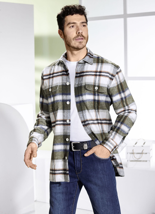 Langarm - Kariertes Overshirt, in Größe 3XL bis XXL, in Farbe KHAKI-WOLLWEISS KARIERT Ansicht 1