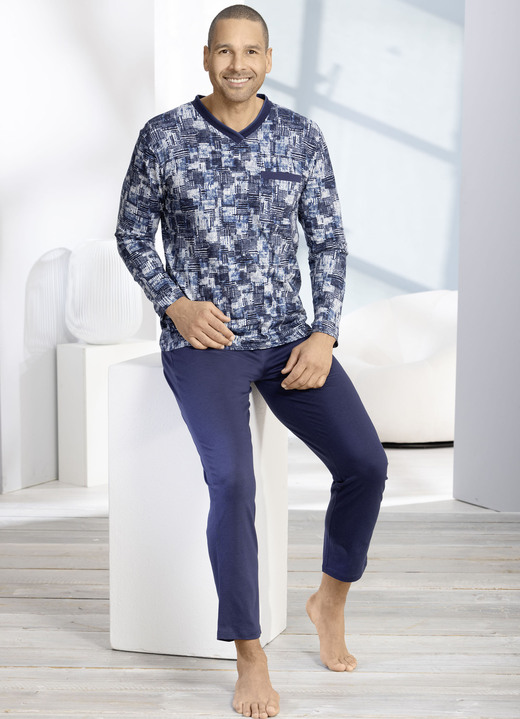 Pyjamas - Schlafanzug mit V-Ausschnitt und offenen Abschlüssen, in Größe 046 bis 062, in Farbe MARINE-ECRU