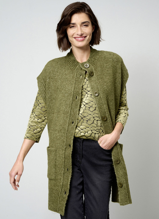 Strickgilets - Gilet aus Bouclé-Melangegarn, in Größe 038 bis 052, in Farbe MOOSGRÜN Ansicht 1