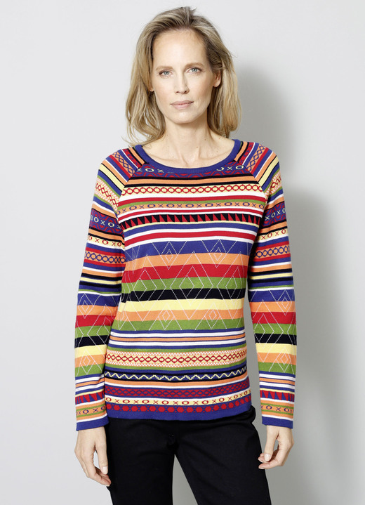 Langarm - Pullover in Jacquard-Dessin Langarm - Pullover in Jacquard-Dessin, in Größe 038 bis 052, in Farbe ROT-BLAU-GRÜN