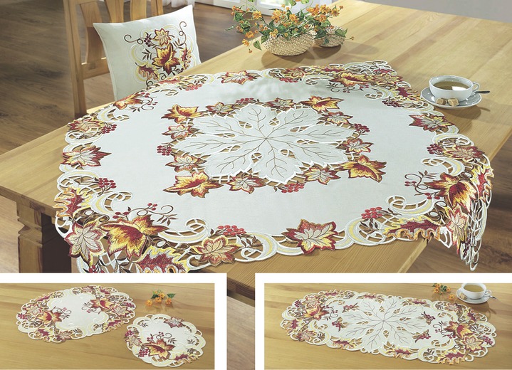 Wohnaccessoires - Tisch- und Raumdekoration «Herbstlaub-Motiv», in Größe 185 (Tischdecke, 85x 85 cm) bis 404 (Kissenhülle, 40x 40 cm), in Farbe
