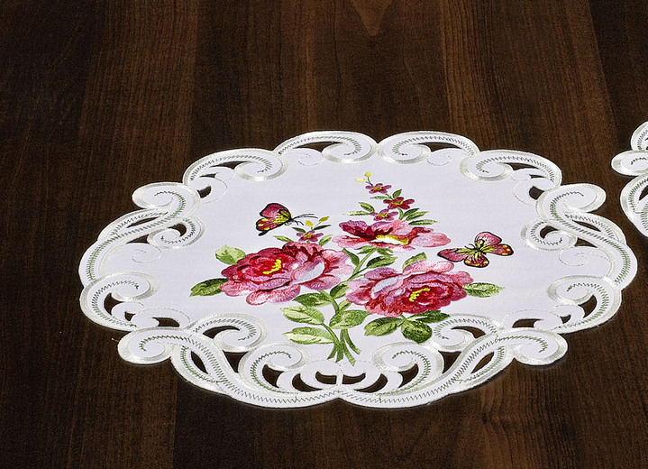 Tischdecken - Tisch- und Raumdekoration mit Rosen-Motiven, in Größe 101 (Deckchen oval, 35x 50 cm) bis 404 (Kissenbezug, 40x 40 cm), in Farbe SEKT-ROT-BUNT Ansicht 1
