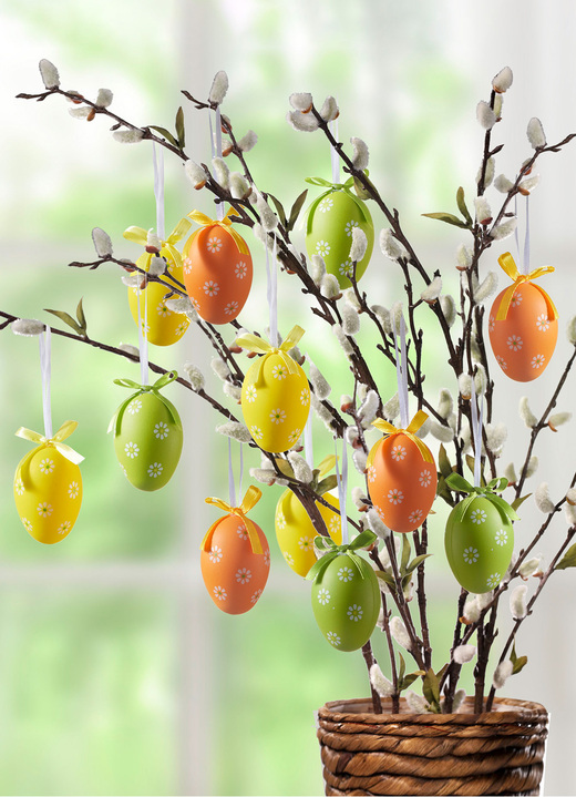Ostern - Ostereier mit frühlingshaftem Motiv, 12er-Set, in Farbe GELB-GRÜN-ORANGE