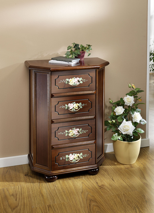 Möbel - Stilvolle Kommode mit handbemalter Blumendekoration, in Farbe NUSSBAUM, in Ausführung Schubladenkommode