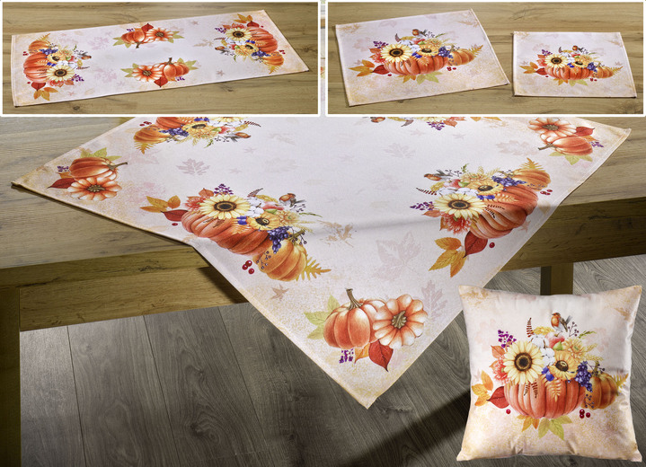 Wohnaccessoires - Tisch- und Raumdekoration mit herbstlichen Motiven, in Größe 101 (Deckchen, 35x 50 cm) bis 404 (Kissenbezug, 40x 40 cm), in Farbe NATUR-BUNT Ansicht 1